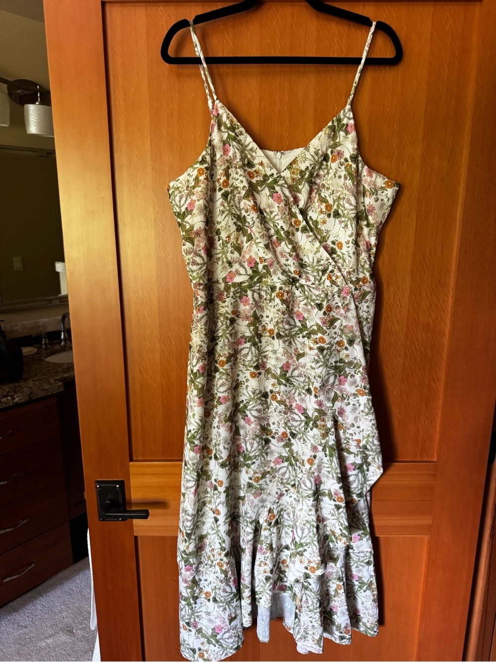 Chelsea28 White Floral Spaghetti-Strap Wrap Midi Dress with Green and Pink Print